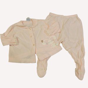 Vtg 2pc Infant Doll Pink Baby Bliss Embroidered Bunny Rabbit Lace Sleeve Lengths